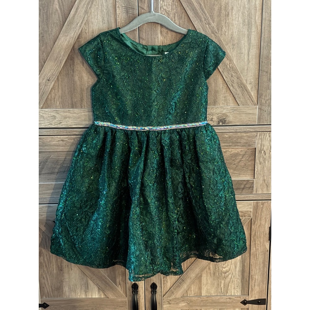Youngland Girls Green Glitter Lace Party Dress Rhinestone Waist Size 6 Holiday